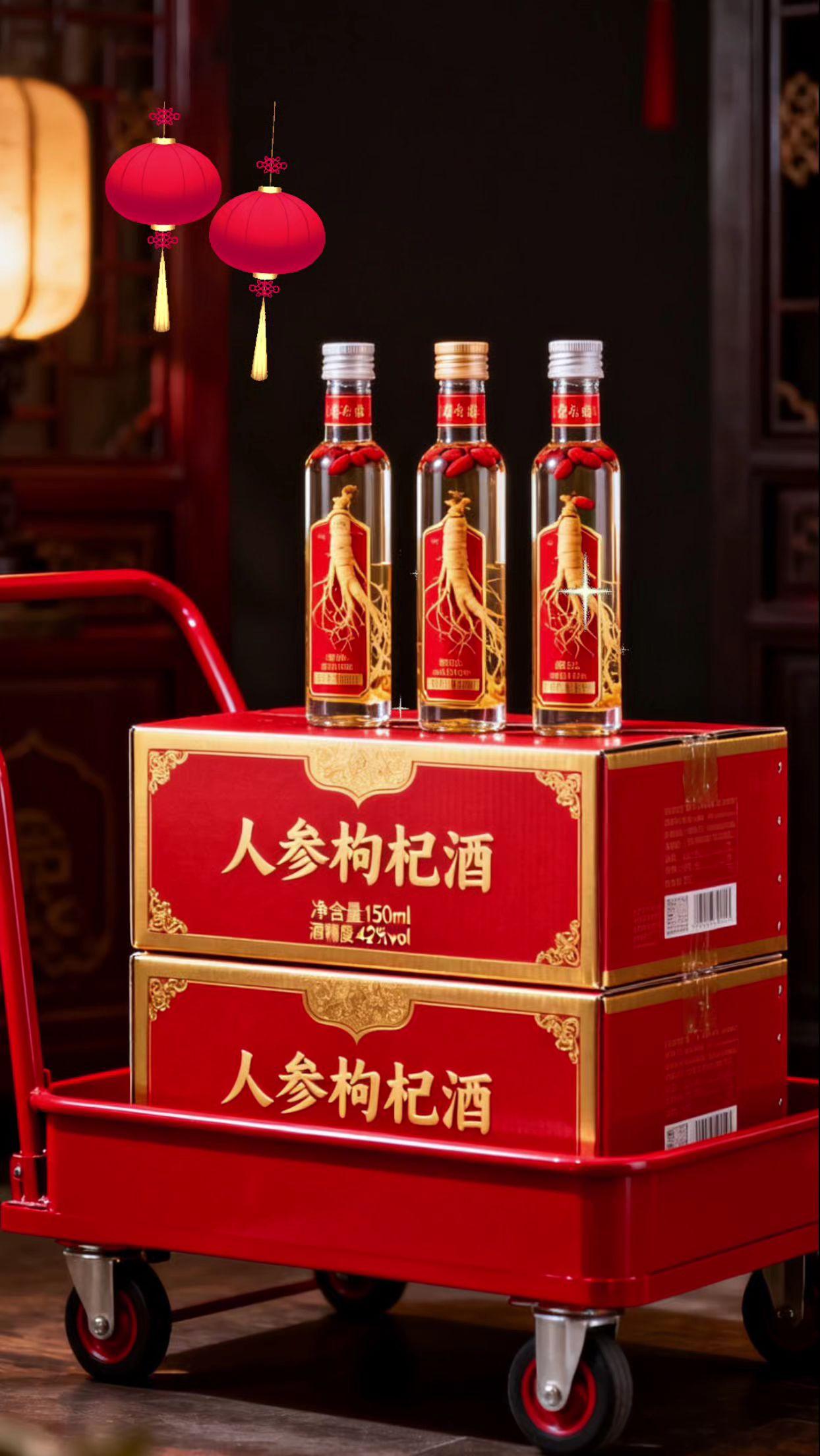 东北特产人参枸杞酒。一箱有6瓶,每瓶150毫升,有42度和52度可选,口感醇香净爽,回味悠长,每一杯都有整颗东北人参!优质高梁酒浸泡,酒体微黄,参味浓郁,好喝不上头,刷到的大哥赶紧囤!#人参枸杞酒 #口感特别好#送礼佳品 #超便宜超划算 #品酒品人生