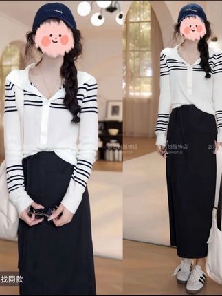 小众炸街高级感女装2025早秋POLO条纹长袖针织衫百搭半身裙套装女#针织衫套装 #早秋穿搭 #显瘦穿搭 #好看又好穿 #美了美了