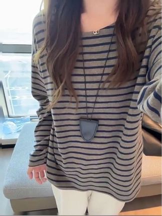 洋气减龄打底衫内搭休闲韩系撞色条纹长袖t恤女秋冬时尚宽松上衣#慵懒风穿搭 #超好看 #休闲搭配