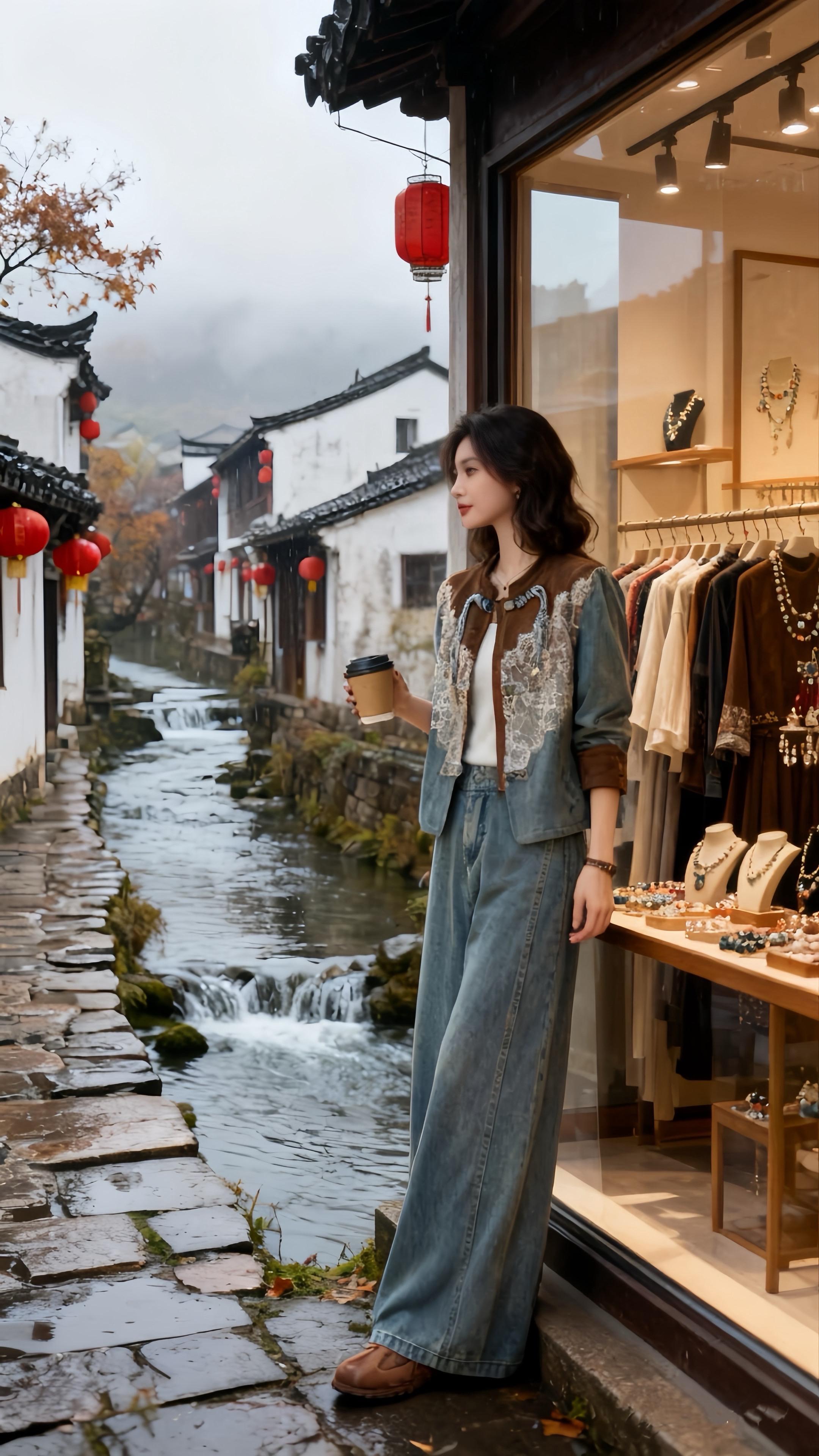 《古镇冬信》 烟雨浸着古镇时,苏清在“溪岸成衣铺”前站定。身上这套做旧牛仔套装太称景——蓝调牛仔揉着麂皮棕的温软,蕾丝刺绣漫过肩头,像把江南的雾都缝进了衣摆。 手里的热拿铁还冒着凉气,她望着溪水上晃荡的红灯笼,忽然想起去年冬。也是这样的雨,阿哲就在这铺子挑了件同款牛仔衣,笑她“穿这身逛古镇,连石板缝的青苔都要偷着羡慕”。 如今阿哲去了远方,可这身衣装裹着的温度,竟和记忆里的拥抱一样真切。她踩着湿滑的青石板往巷深处走,蓝牛仔在风里漾,像封没寄出的冬信,把那年没说出口的“别走”,都焐成了今年**“氛围感拉满的念想”**。#复古穿搭 #每日分享 #搭配日常