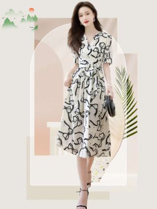 法式优雅气质印花连衣裙女2025夏季新款轻熟风系带收腰中长款裙子#洋气减龄 #优雅气质 #高级感穿搭 #连衣裙 @DOU+小助手 #上热门