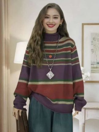 秋季半高领长袖条纹拼色#针织衫 文艺休闲宽松毛套头针织衫#半高领毛衣 #通勤搭配 #减龄穿搭 #休闲穿搭