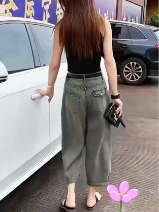 九分弯刀牛仔裤女夏季薄款早秋大码香蕉裤牛仔裤女小个子微胖mm九分阔腿裤梨形身材腿粗裤子