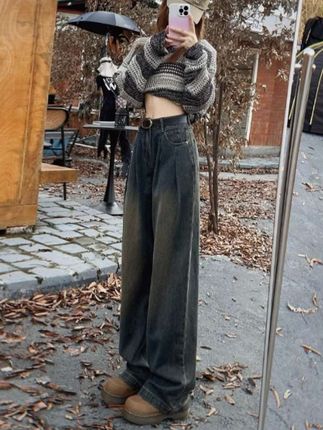 加绒褶皱阔腿牛仔裤女2025秋冬新款加厚复古高腰显瘦直筒拖地长裤#面料柔软舒适#时尚休闲#宽松显瘦 #ootd穿搭 #谁穿谁好看系列