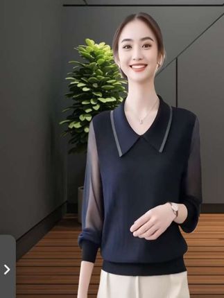 #娃娃领上衣女秋装大码烫钻针织衫宽松显瘦遮肉春秋洋气蕾丝打底衫