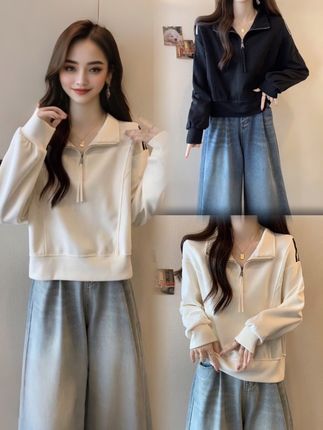 大码女装遮肚子半拉链POLO领长袖卫衣女春秋胖mm宽松显瘦短款上衣#谁穿谁好看#遮肉显瘦#时尚百搭#小个子穿搭#显高显瘦显腿长