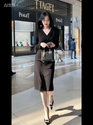 秋装新款V领连衣裙气质高级感轻奢名媛收腰显瘦法式小黑裙包臀裙