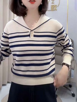 #洋气减龄 #谁穿谁好看系列 #针织衫 #显瘦穿搭 #条纹衫 【80-160斤】海军领翻领条纹套头针织衫2025秋冬打底长袖上衣女