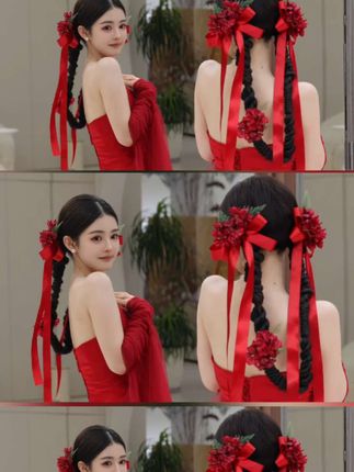 非金属布艺婚庆饰品 新娘复古酒红色铃兰花蝴蝶结发夹:/ 发饰#新娘法式 #新娘蝴蝶发夹 #蝴蝶发夹 #复古酒红发卡发饰