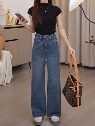 #小个子穿搭 早秋小个子女高腰水洗蓝宽松牛仔裤时尚女装百搭显瘦遮肉牛仔裤#宽松牛仔裤 #高腰牛仔裤 #阔腿牛仔裤 #宽松牛仔裤穿搭