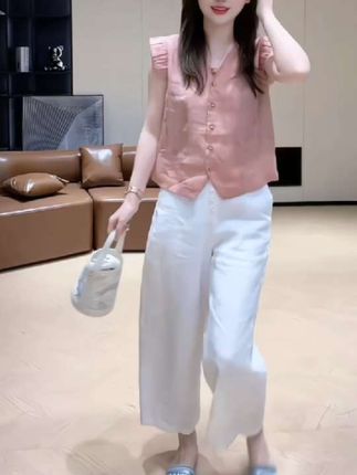 2025夏季新款高级简约气质提花舒适小衫上衣设计感百搭阔腿裤套装#时尚套装#两件套#小衫#阔腿裤#谁穿谁好看@DOU+小助手