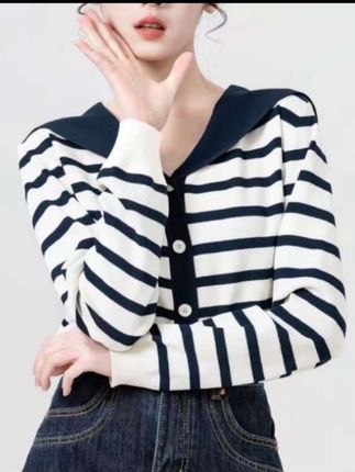 A04-海军领长袖针织开衫女秋季2025新款设计感撞色薄款毛衣短上衣#海军领针织衫 #洋气减龄 #修身显瘦 #时尚百搭款 #半个抖音都是撕漫主角