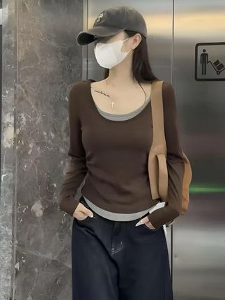 2025秋季新款假两件撞色圆领长袖T恤女宽松遮肚内搭打底衫 #显瘦搭配 #减龄穿搭 #梨形身材穿搭 #内搭外穿都好看