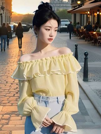 高级感轻奢一字肩喇叭袖衬衫女春秋设计感洋气减龄好看上衣#衬衫穿搭公式来了 #喇叭袖衬衫#清纯甜美 #时尚百搭#洋气减龄