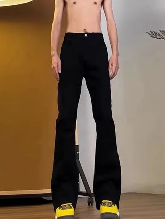黑色微喇牛仔裤男款潮牌高腰显瘦裤子弯刀阔腿直筒裤#休闲裤 #显高显瘦 #夏季穿搭 #显瘦百搭 #百搭神裤