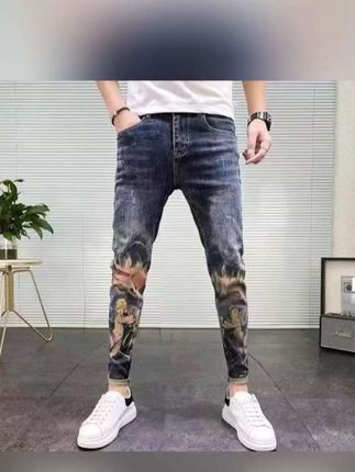 秋季新款时尚印花牛仔裤男潮流潮牌修身痞帅小脚个性欧货长裤男