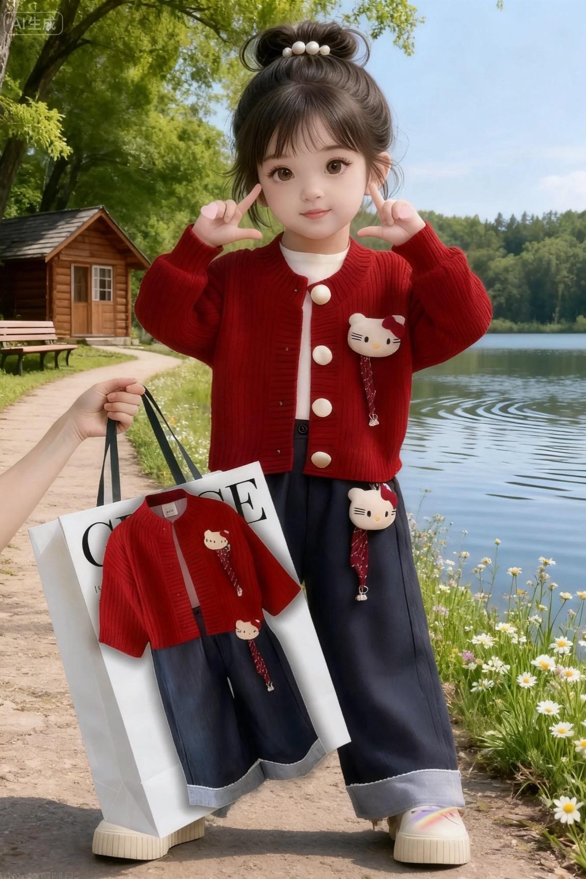 快给宝贝女儿买这套巨巨巨好看!红色Kitty针织开衫喜庆又可爱,搭配深色阔腿牛仔裤,裤脚翻边设计细节满满,还有同款Kitty挂饰增添趣味。红丝绒小鞋与双马尾造型相呼应,让宝贝在湖边宛如童话里的小公主,这套穿搭把甜美与时尚融合,让孩子成为人群中亮眼的存在。#高品质童装 #甜美穿搭 #生女儿就是用来打扮的 #一周穿搭不重样 #女童套装