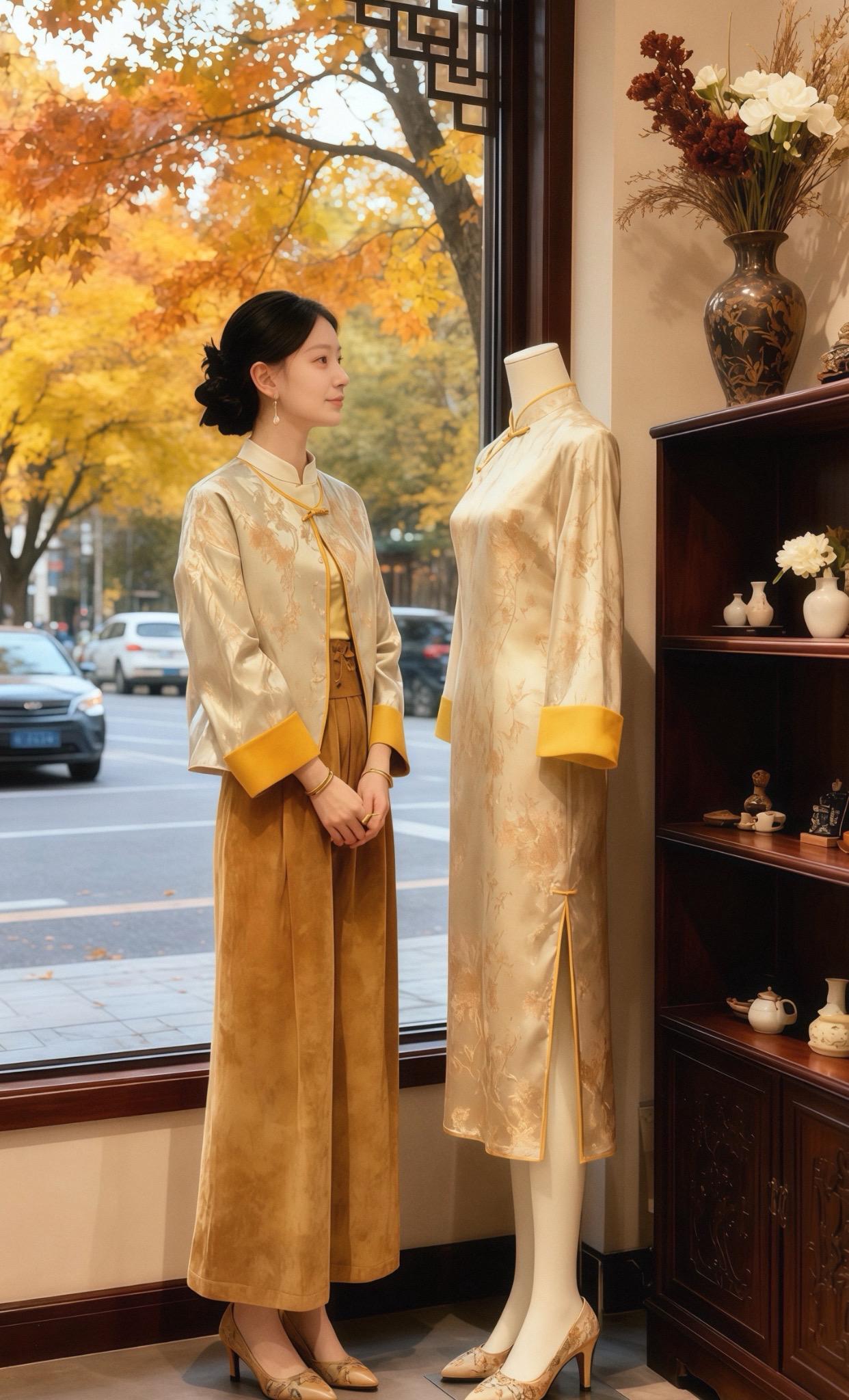 林晓在老巷子里开了家裁缝铺,今早刚挂出那件鹅黄色新中式套装,就被路过的阿婆拦住了。 “姑娘,这料子看着真软和。”阿婆伸手摸了摸衣摆的盘扣,那是林晓用同色丝线手缝的海棠纹,阳光一照,金线镶边的纹路像落了层碎光。 林晓笑着帮阿婆披上,镜里的身影突然亮了——立领衬得脖颈修长,收腰版型藏住了小肚腩,改良过的裤脚走路带风,一点不绊腿。阿婆摸了摸袖口的暗纹,转头就给刚下班的孙女发视频:“快来,这衣服比你穿的那些洋装好看多了!” 路过的年轻人举着手机拍,镜头里,老巷的青灰墙衬着明黄衣裳,成了这天最亮眼的风景。 #新中式穿搭 #黄色系穿搭灵感 #日常穿出高级感 #国风服饰 #中式服装