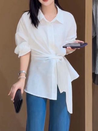 收腰绑带设计感白色衬衫女2025春秋新款衬衣通勤显瘦百搭 #时尚衬衫穿搭 #收腰显瘦衬衫 #高级感穿搭 #百搭衬衫女 #气质穿搭