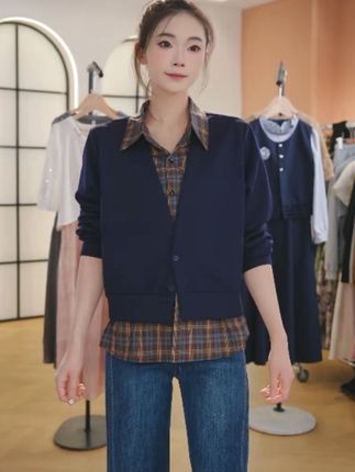 F秋季新款女装时尚百搭格子拼接假两件长袖洋气上衣 #穿出高级感 #每日穿搭 #假两件衬衫 #梨形身材穿搭