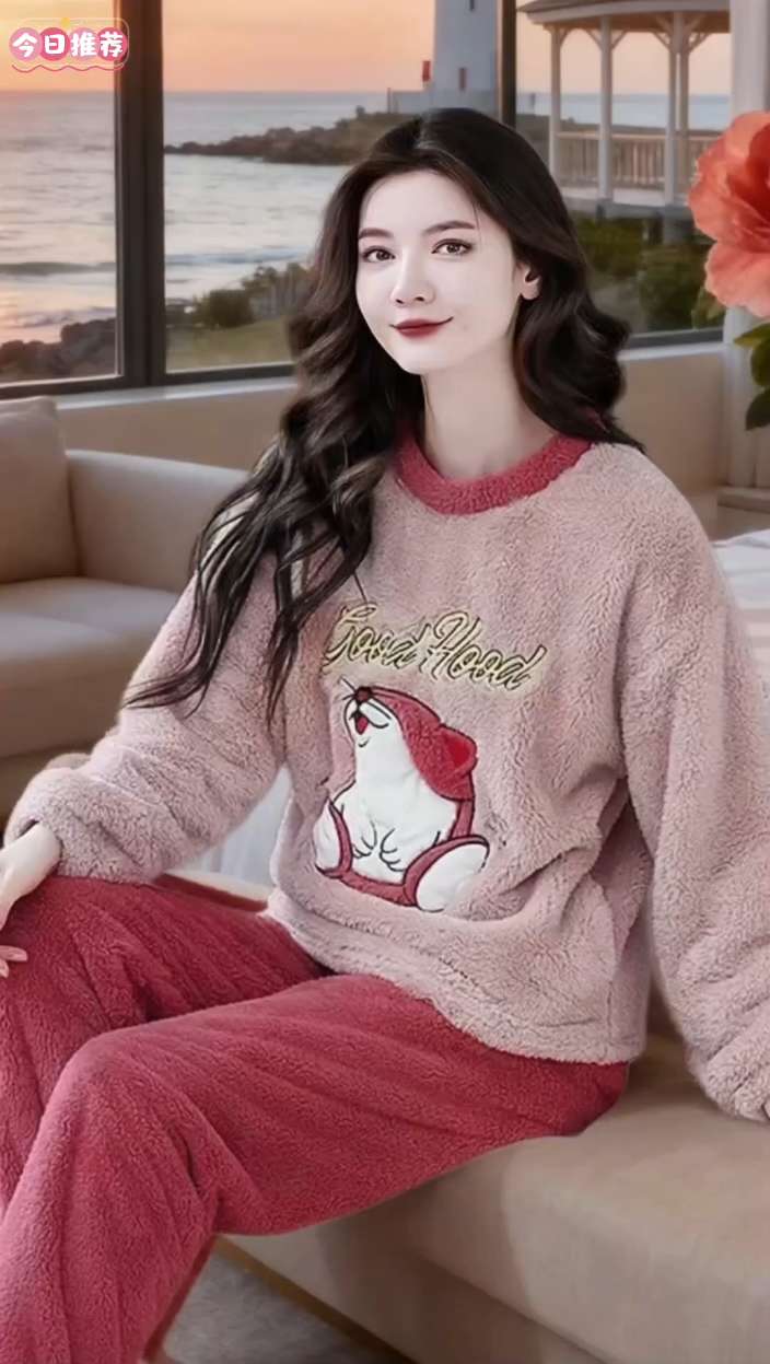 谁懂啊!这套浪莎睡衣把秋冬的暖都裹在身上了 降温后第一件开心事,就是拆到这套浪莎珊瑚绒睡衣!拿到手就惊了,像把云朵揉进布料里,贴肤软到犯规,加绒加厚的质感,裹上就像被暖炉抱着,在空调房里待一天都不冷~ 卡通图案巨显嫩,不是那种土气的印花,是淡淡的奶fufu风格,随便搭个拖鞋下楼取快递、买咖啡,邻居都问链接!套装设计超省心,上衣是宽松版型,藏肉又不压身,裤子带点松紧腰,睡前瘫沙发追剧、睡觉翻身都超自在。 南方姐妹单穿够暖,北方搭个薄外套就搞定,这个秋冬的居家幸福感,直接被它承包了#在家也要美美哒 #这也太好看了 #减龄气质 #浪莎珊瑚绒睡衣 #早秋穿搭