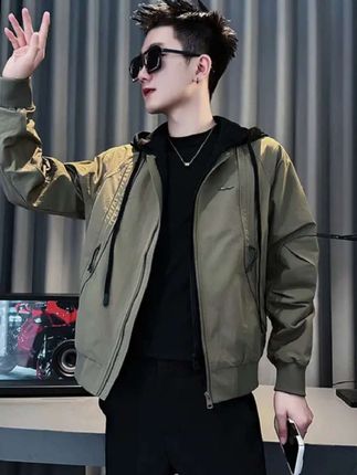 外套男款春秋新款网红洋气炸街男装高级感痞帅假两件拼接连帽夹克#外套穿搭 #时尚男装