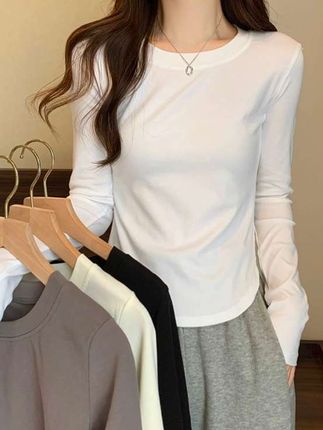 纯色正肩长袖t恤女2025年秋季新款弧形下摆设计修身显瘦打底衫ins#点击小黄车直接购买