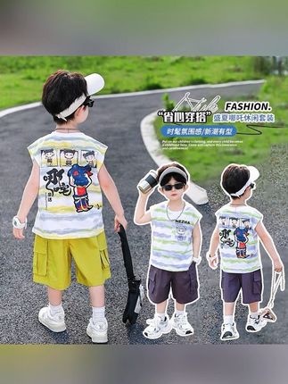 男童夏装套装短袖2025新款儿童夏季条纹两件套薄款衣服男童短裤#夏季穿搭 #高品质童装 #运动休闲套装 #阳光帅气 #韩范童装男童 @DOU+小助手