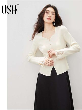 OSA/欧莎【小苍兰毛衫】心形领针织衫女蕾丝花边别致上衣S125C16034