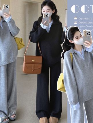 孕妇秋冬衬衣拼接时尚毛衣休闲款时尚套装显瘦阔腿裤孕妇 #强烈推荐#穿出高级感#显瘦遮肉#孕妇装 #套装