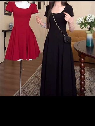 #遮肉显瘦穿搭 #女人味穿搭 #减龄气质 夏季现货 港式收腰百褶微胖大码高级红色连衣裙赫本风显瘦A字裙女