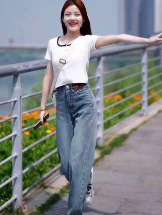 窄版牛仔阔腿裤女春季新款大码显高宽松直筒拖地休闲裤子#牛仔裤 #牛仔裤搭配
