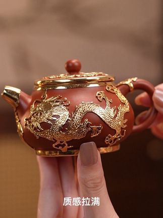 #高端茶器 #茶具好物推荐 #紫砂壶 金锡镶双龙戏珠朱泥紫砂壶