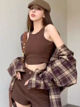 美拉德咖色格子衬衫女早秋韩系穿搭慵懒风衬衣外套小个子上衣开衫#辣妹穿搭 #辣妹穿搭大赏 #好身材好气质 #ootd穿搭 #美出高级感