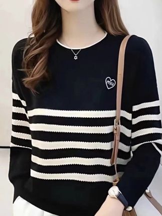 100-200斤大码女装爱心宽松显瘦圆领打底衫女#条纹控 #百搭显瘦 #显瘦搭配 #服饰搭配 #polo衫
