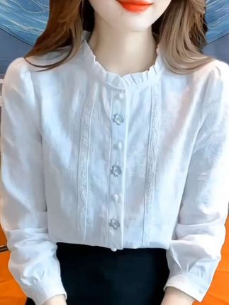姐妹们挖到,法式立领长袖衬衫上衣#优雅气质 #和闺蜜穿同款百搭木耳边衬衣#休闲百搭 好搭配