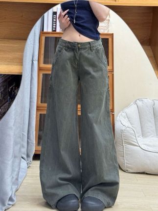 美式复古做旧弯刀军绿色牛仔裤女2025夏季薄款显瘦时尚直筒伐木裤#美式弯刀牛仔裤#美式牛仔裤#牛仔裤#牛仔直筒裤#直筒裤