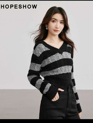 红袖秋季新款女装 条纹收腰正肩V领套头针织衫90124330107#强烈推荐 #穿出高级感 #减龄显瘦穿搭 #版型好看 #好物推荐🔥