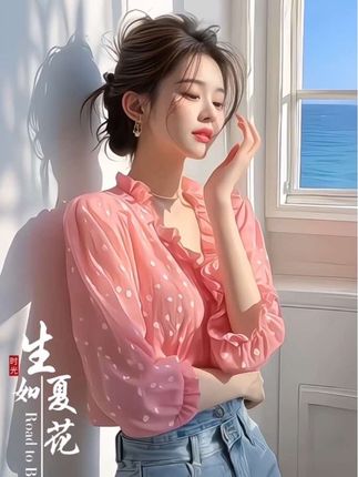 粉色波点荷叶边衬衫好温柔~显白又灵动,搭牛仔,海边或日常穿都很有法式氛围感~#秋季微胖穿搭评测#秋冬才是胖妹妹的穿搭舒适区#早秋穿搭三分钟出门不是梦#初秋一周不重样穿搭#早秋贵气感穿搭