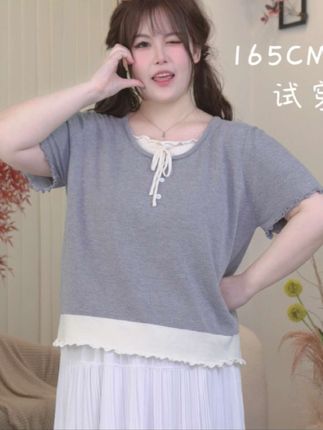 宽松甜美大码胖M薄款2025春夏新款休闲女针织上衣百搭气质##假两件针织衫#短袖衬衫#宽松版针织衫#谁穿谁好看