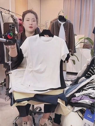 法式减龄圆领正肩短袖T恤女夏季修身设计感褶皱气质上衣2662