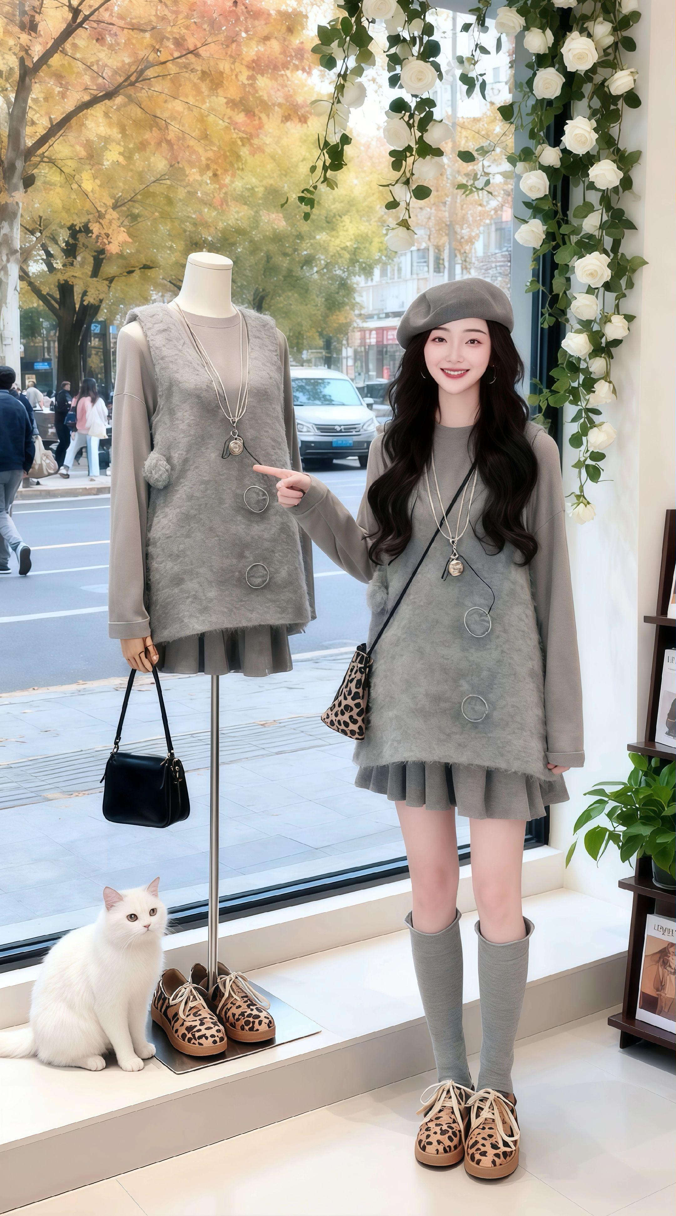 《秋日服装店的温柔》许艺站在落地窗前,指尖轻轻点向同款人体模特。这套孕妇装是她的心头好,柔软的面料裹着悄然隆起的小腹,灰调穿搭既显温柔又藏住孕味。 白色猫咪蹭过她的靴筒,窗外秋叶金黄,行人步履匆匆。她摸了摸微凸的小腹,想起丈夫的笑:“等宝宝出生,我们就穿着亲子款逛这条街。” 书架上的杂志沙沙作响,白玫瑰藤垂落如瀑,她知道,这份藏在时尚里的孕期温柔,会是漫长岁月里的一抹亮色。#小个子显高显瘦穿搭 #怀孕 #孕期穿搭 #早秋穿搭三分钟出门不是梦 #秋季不露腿穿搭
