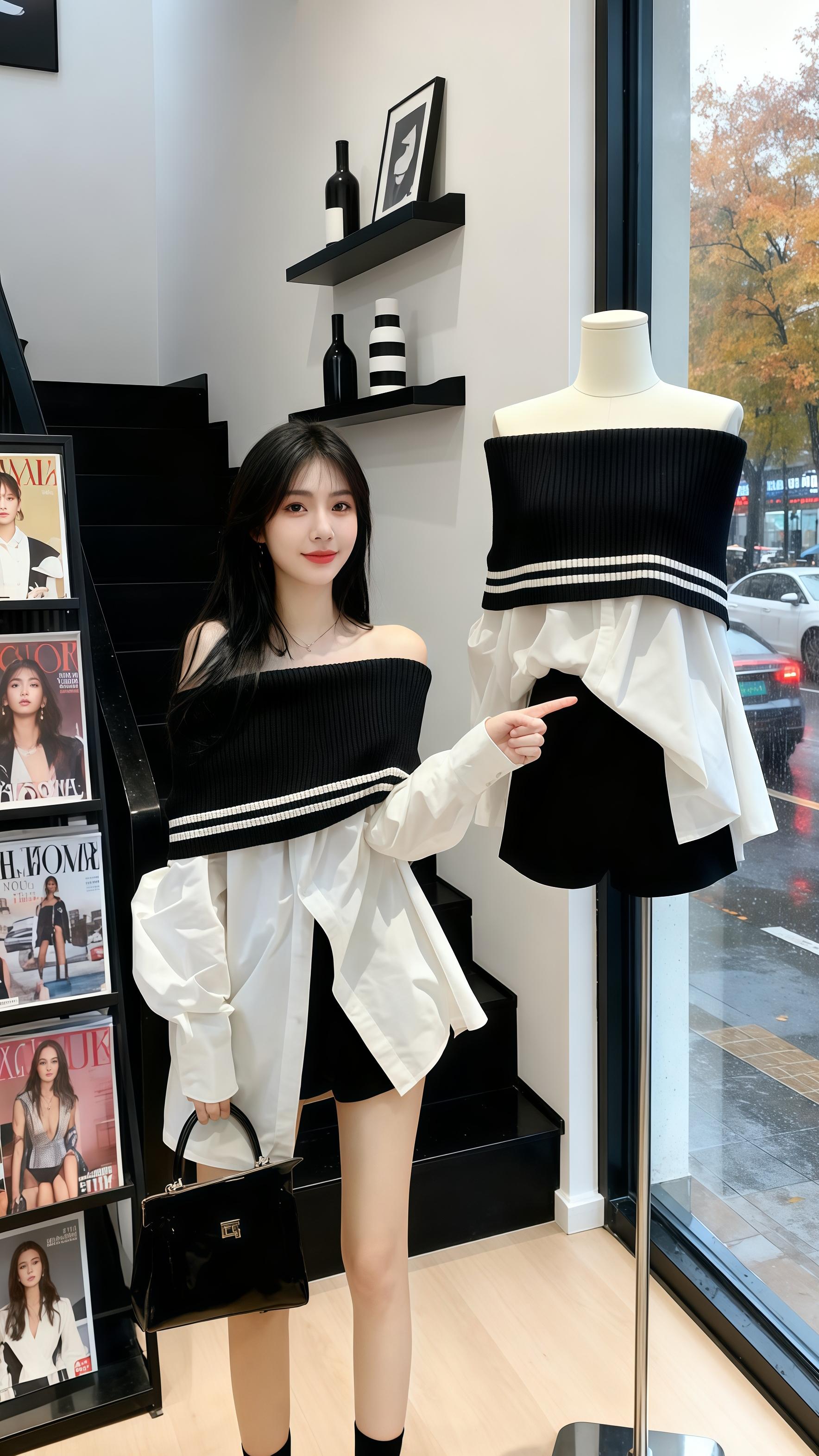 《雨秋里的一字肩少女,抱猫画画时美成法式电影帧》 雨裹着秋意漫进橱窗时,她正倚着衣架指那件一字肩——黑针织裹住肩颈,白衬衫下摆垂得慵懒,是今年戳人的漂亮小衫。 后来她抱猫蘸颜料,衬衫露肩处蹭了点枫色;再坐在钢琴前时,猫蜷在琴凳上,衣摆随着琴键轻晃。她举着相机拍街景,雨珠贴在玻璃上,衬得她肩线像法式电影里的柔光特写。 这一件,是把早秋的轻奢和时尚,都穿成了故事里的心动瞬间。#早秋一字肩氛围感 #法式小众衬衫穿搭 #轻奢高级感小衫 #美出高级感 #时尚穿搭