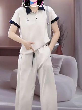 1548时尚短袖POLO领上衣+直筒裤两件套2025夏减龄洋气休闲套装女#夏季穿搭 #休闲裤 #女装 #套装 #Polo衫