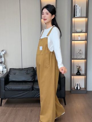 “163 + 高个孕妈冲!洗水棉背带裤软乎透气,黑 / 军绿 / 卡其 3 色,裤长够不拖地,春秋遮孕肚超自在~#孕期穿搭 #孕妇裤 #孕妇装 #秋季日常实用穿搭思路分享 #高个子孕妇装