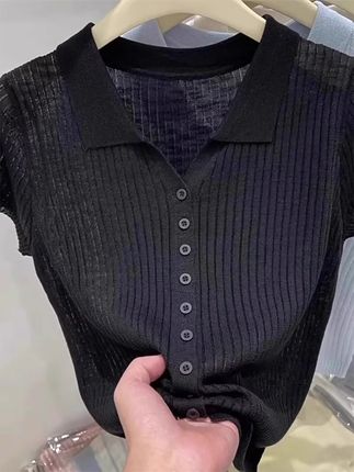 薄款冰丝亚麻针织翻领短袖T恤女 #夏季干净风穿搭 #polo衫 #T恤 #毛针织衫 #上衣