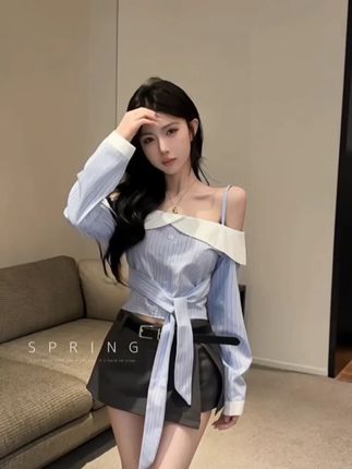 #辣妹穿搭 秋季新款韩系减龄一字领条纹长袖衬衫+开叉防走光半身短裙两件套 #长袖衬衫 #开叉半身裙 #一字肩衬衫 #条纹衬衫