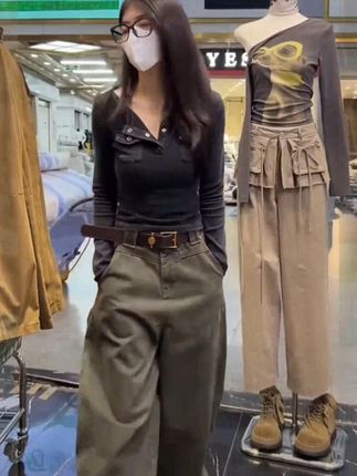 美式复古立体口袋弯刀休闲裤女2025秋季新款宽松简约休闲拖地 #美式工装裤女# 新款上新