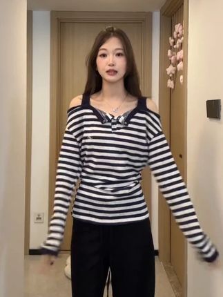 #条纹控 #露肩长袖 #一字领上衣 #长袖t恤 #宽松显瘦