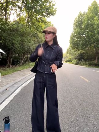 明线设计收腰牛仔外套高腰牛仔长裤女套装 #牛仔套装 #套装两件套 #长裤 #牛仔外套 #百搭